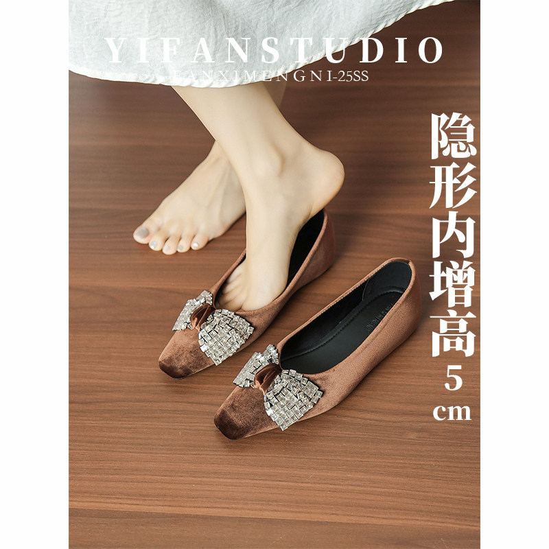 羊皮版~法式水钻蝴蝶结内增高单鞋女秋浅口方头一脚蹬轻奢通勤鞋