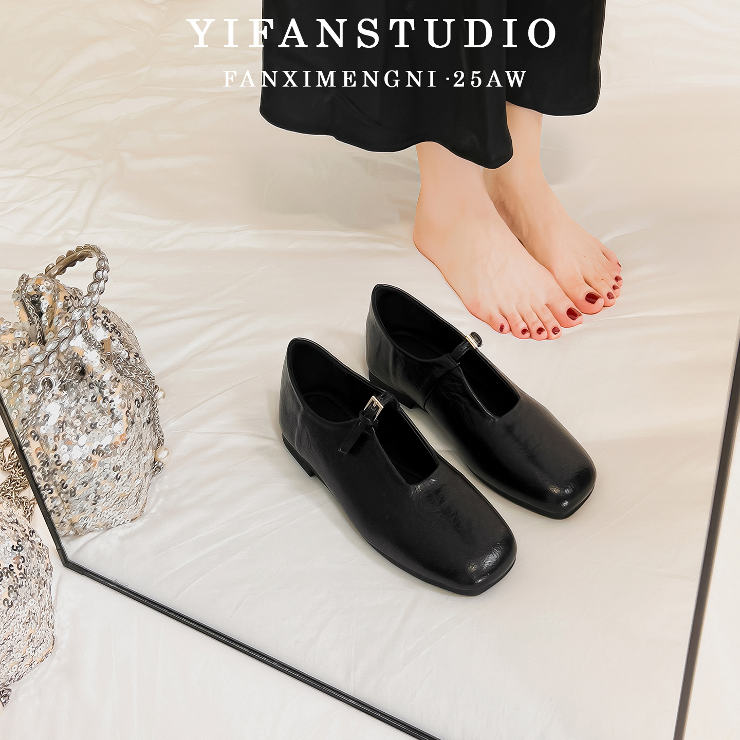 牛皮版~复古黑色单鞋女浅口平底鞋2025年新款秋季法式玛丽珍女鞋