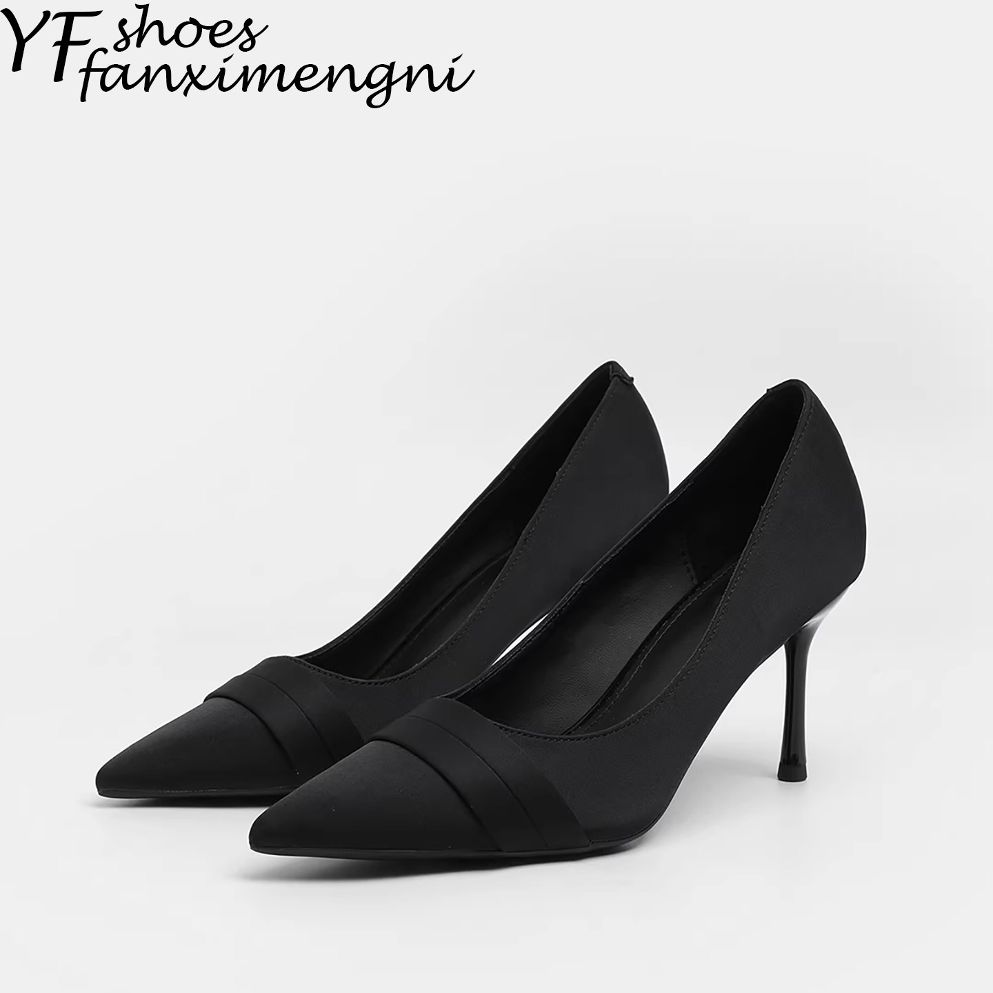 黑色绸缎浅口细跟尖头高跟鞋女气质不累脚2026新款春季法式单鞋女