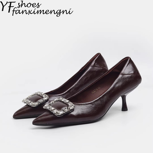 法式高级感水钻方扣细跟高跟鞋女气质不累脚通勤浅口单鞋女配裙子