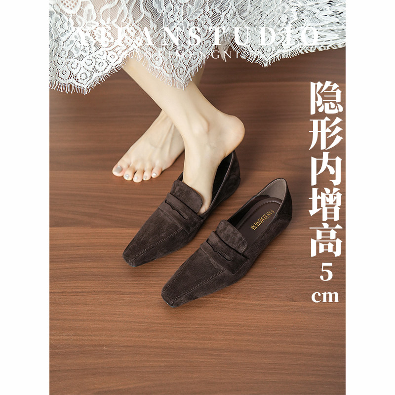 羊皮版~法式反绒皮乐福鞋女秋内增高方头浅口单鞋老钱风通勤女鞋
