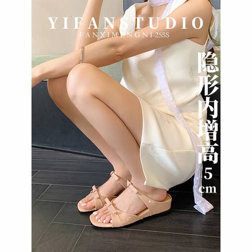 羊皮版~温柔风蝴蝶结内增高凉拖鞋女夏外穿露趾一字拖平底凉拖女