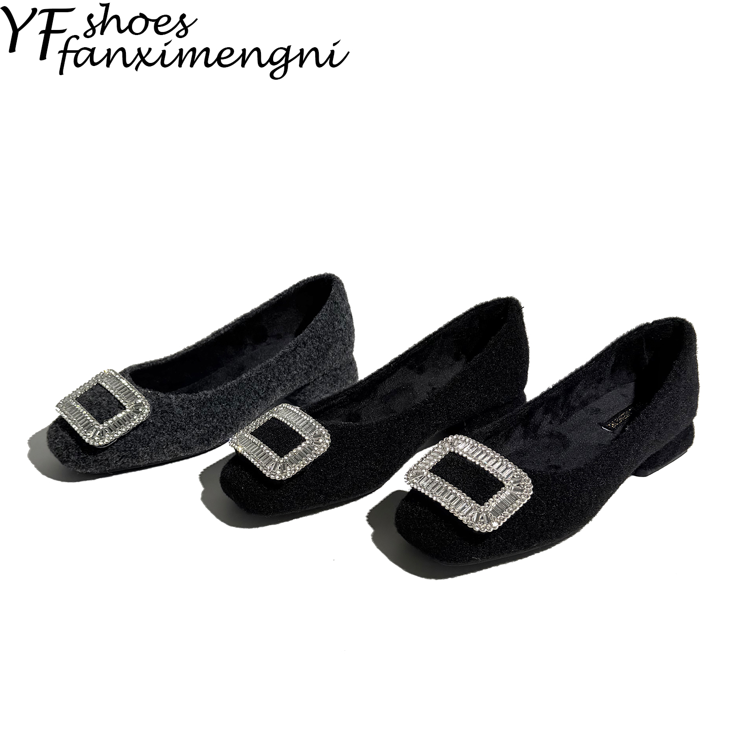 方扣水钻黑色浅口单鞋女