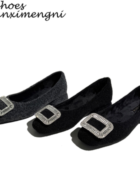 真皮~方扣水钻黑色浅口单鞋女2025年新款秋冬粗跟法式玛丽珍女鞋