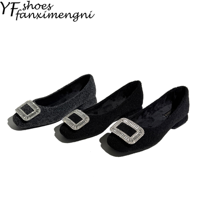 方扣水钻黑色浅口单鞋女