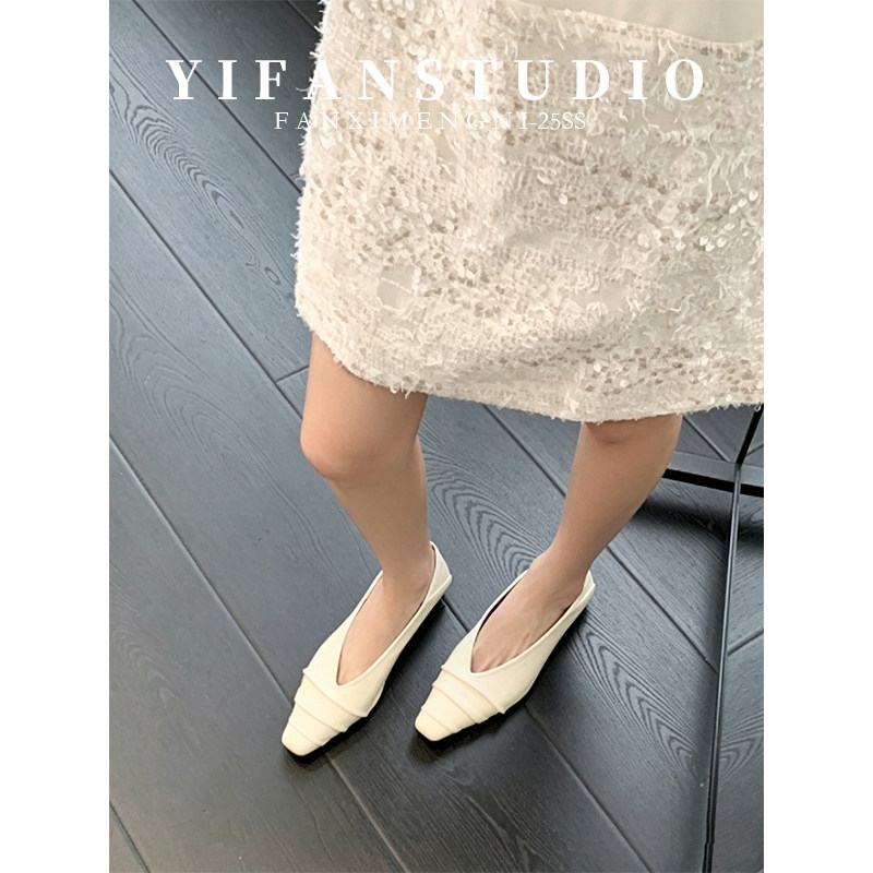 羊皮版~法式复古风方头褶皱浅口单鞋女夏一脚蹬温柔百搭时尚女鞋