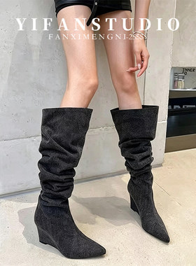 羊皮尖头高筒骑士靴女冬显瘦
