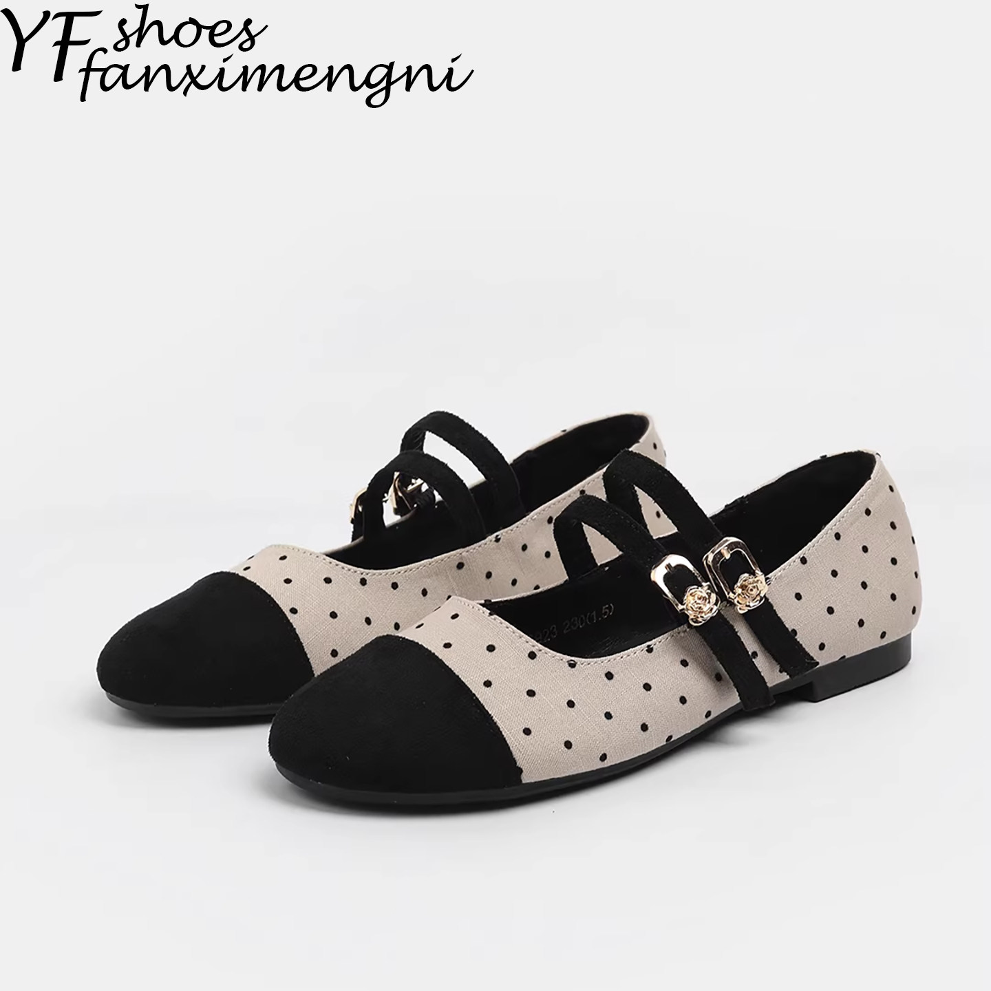 山茶花小香风拼色浅口单鞋女圆头平底女鞋波点复古法式玛丽珍女鞋