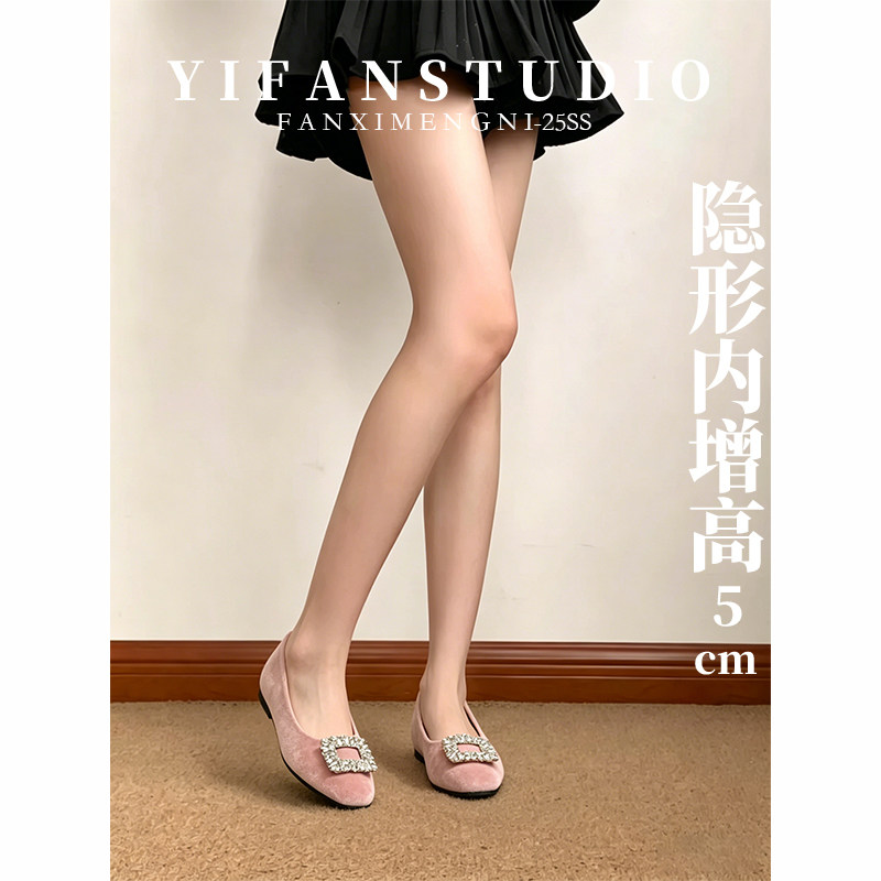 羊皮版~内增高方头水钻单鞋女浅口玛丽珍鞋平底通勤淑女真皮女鞋
