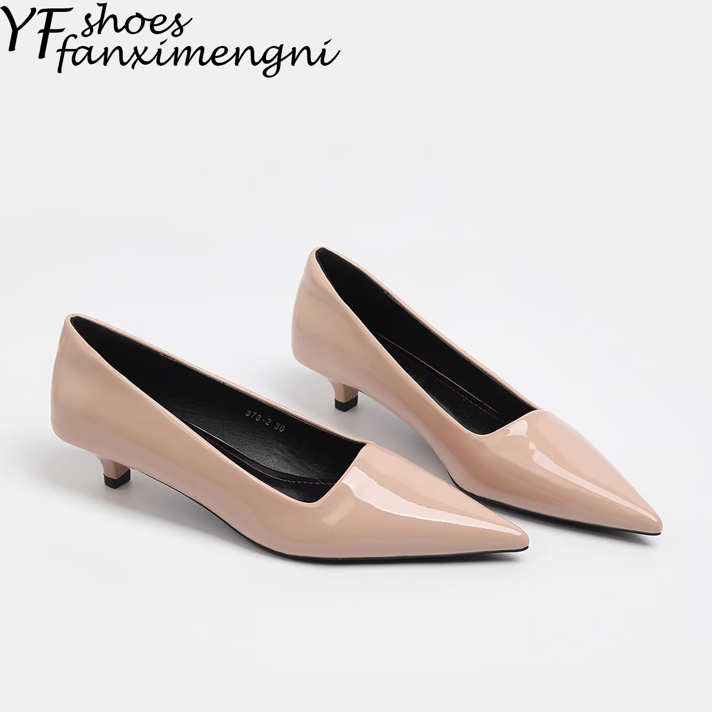 百搭简约柔软漆皮裸色小猫跟浅口尖头单鞋女一脚蹬法式玛丽珍女鞋