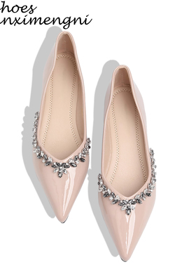 温柔裸色尖头浅口平底单鞋女2026新款气质水钻内增高法式玛丽珍鞋