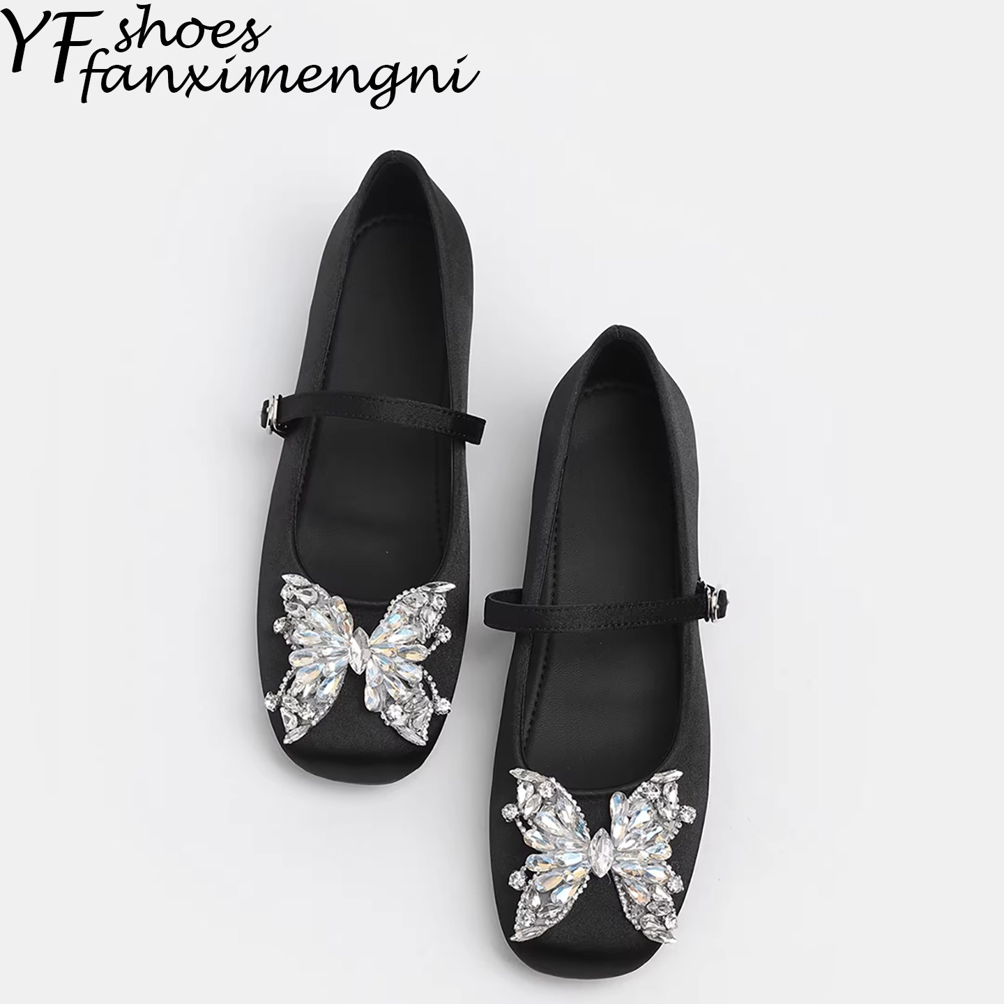 绸缎圆头法式平底玛丽珍鞋女一字扣带水钻蝴蝶结内增高浅口单鞋女,女鞋,浅口单鞋,淘宝优惠券,粉丝福利购,淘宝优惠卷