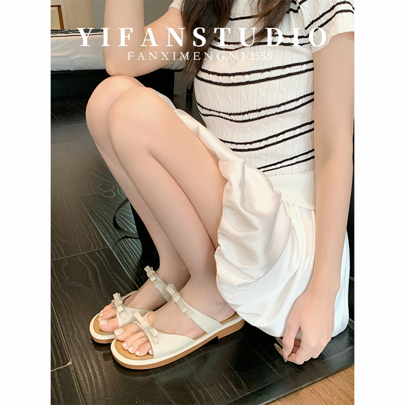 羊皮版~法式蝴蝶结拖鞋女夏外穿露趾沙滩一字拖平底配裙子凉拖鞋