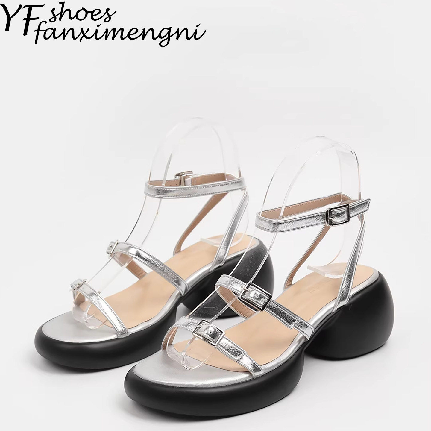 复古风厚底罗马凉鞋女2026年新款夏季银色露趾搭扣百搭增高休闲鞋