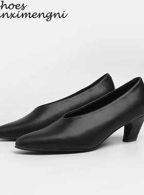 简约气质通勤风软皮奶奶鞋复古浅口粗跟尖头单鞋女法式玛丽珍女鞋