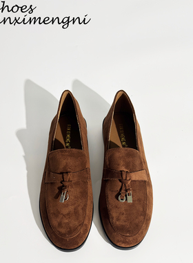 琥珀流光风反绒皮英伦乐福鞋一脚蹬单鞋2025新款锁扣棕色小皮鞋女