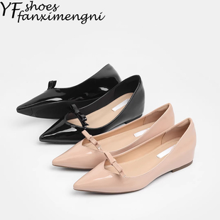 镂空温柔蝴蝶结裸色平底鞋浅口尖头单鞋女一脚蹬内增高玛丽珍女鞋