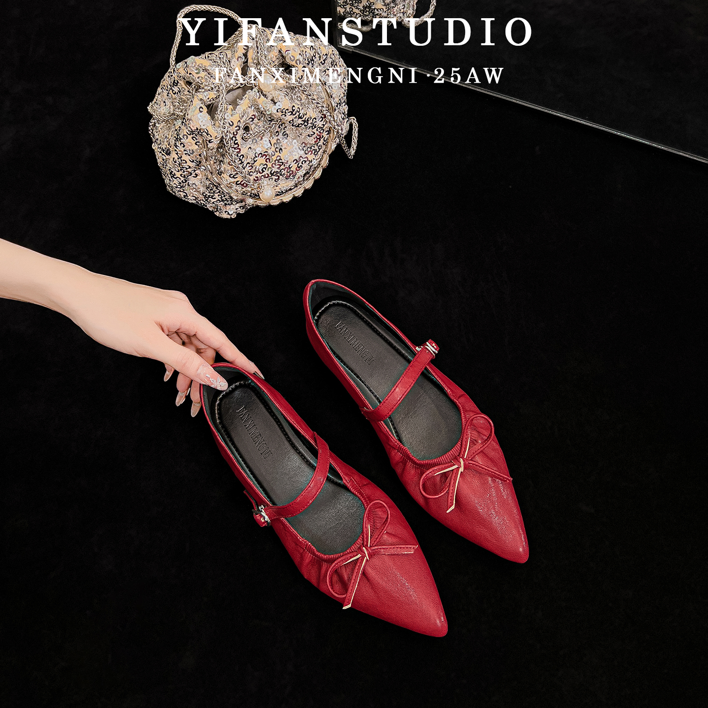 羊皮版~浅口红色尖头单鞋女2025年新款蝴蝶结一字带法式玛丽珍鞋