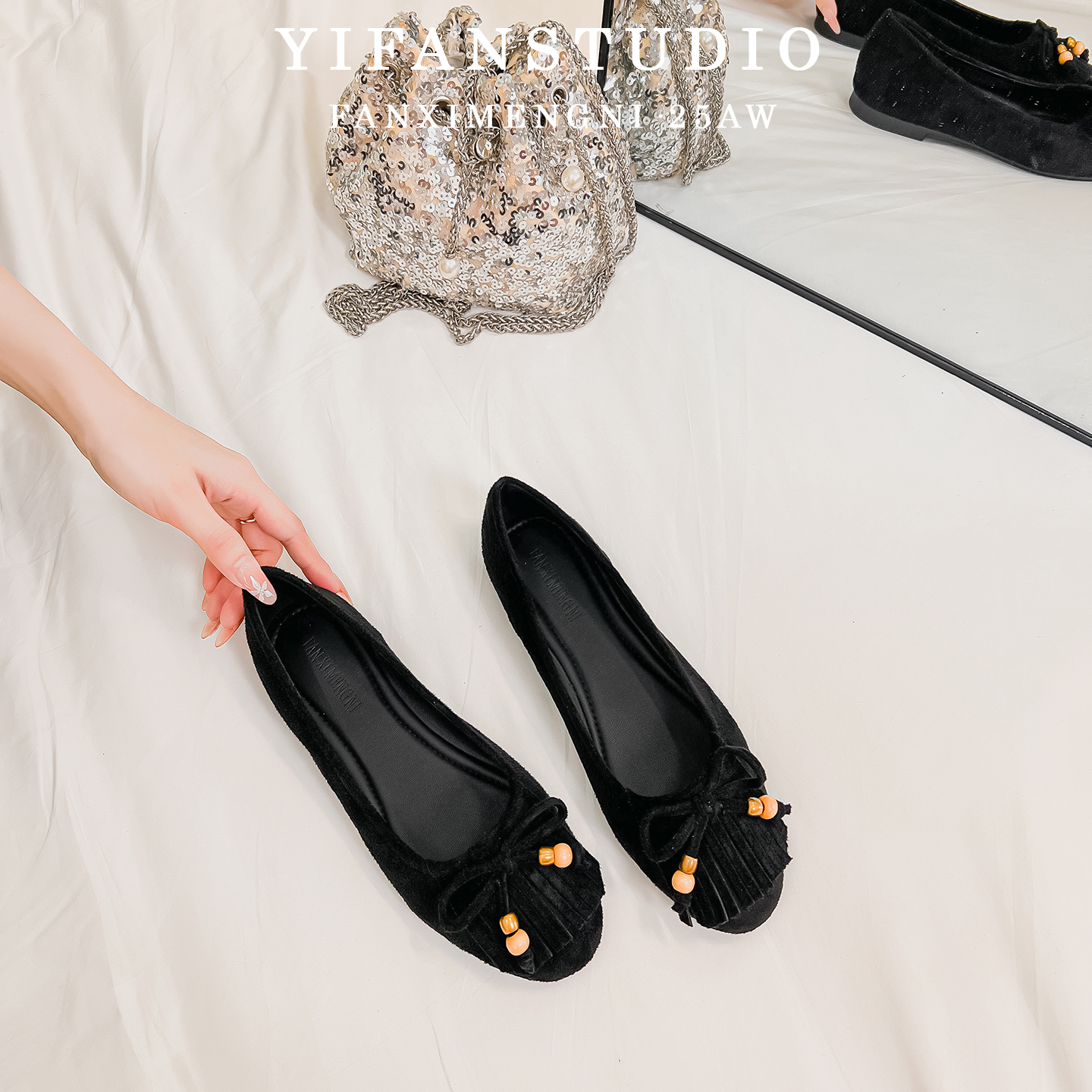 反绒皮流苏浅口黑色单鞋女2025新款蝴蝶结圆头复古法式玛丽珍女鞋