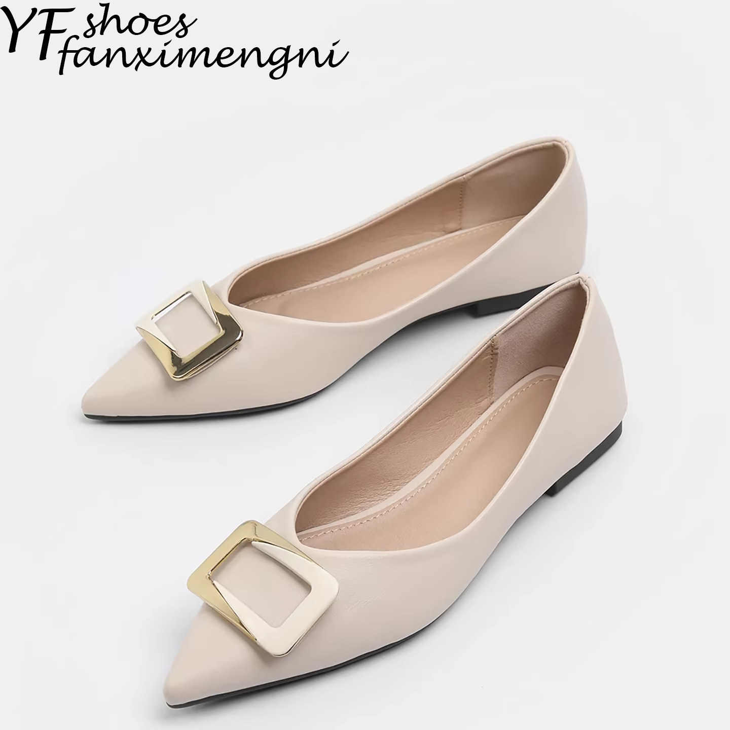 法式尖头方扣浅口平底单鞋女2026新款春季气质百搭一脚蹬大码女鞋