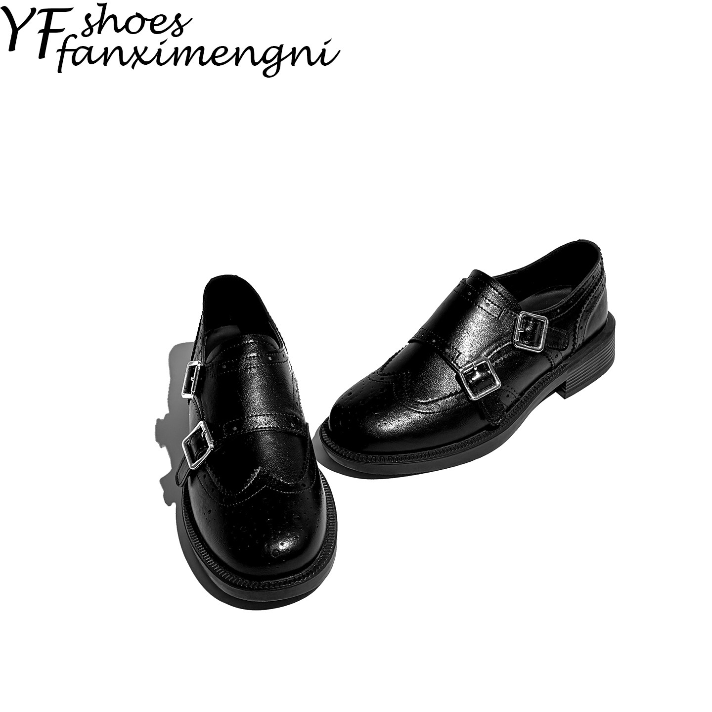 复古雕花布洛克玛丽珍金属扣一脚蹬粗跟黑色小皮鞋女英伦风乐福鞋