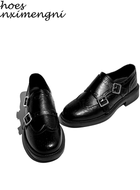复古雕花布洛克玛丽珍金属扣一脚蹬粗跟黑色小皮鞋女英伦风乐福鞋