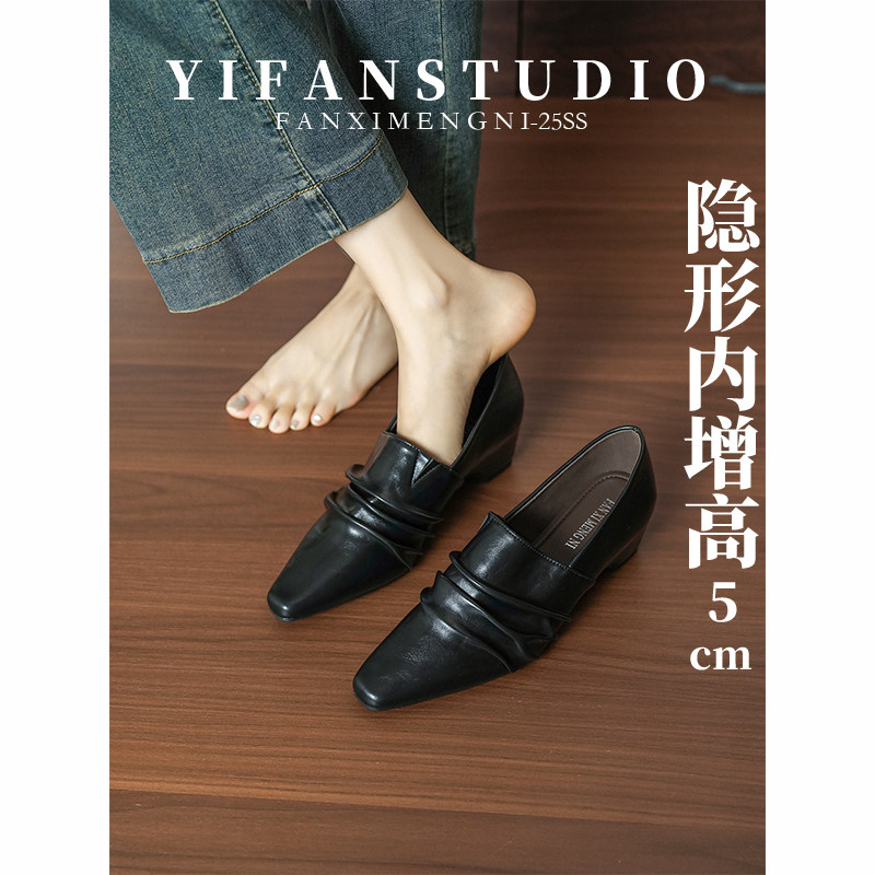 羊皮版~法式复古风内增高方头浅口单鞋女黑色一脚蹬轻熟玛丽珍鞋