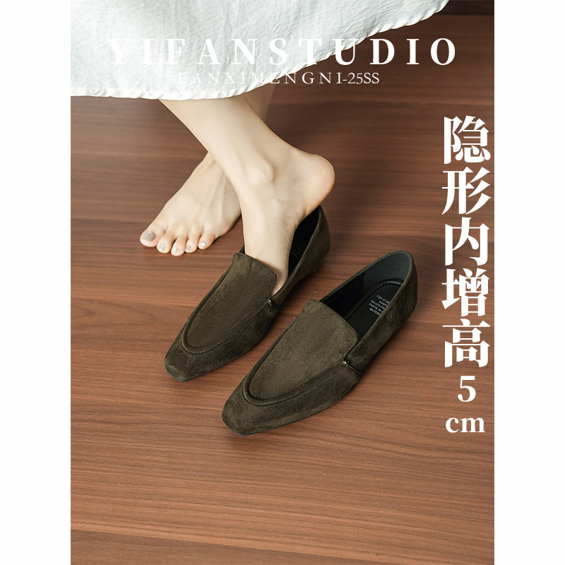 羊皮版复古绒面内增高乐福鞋女