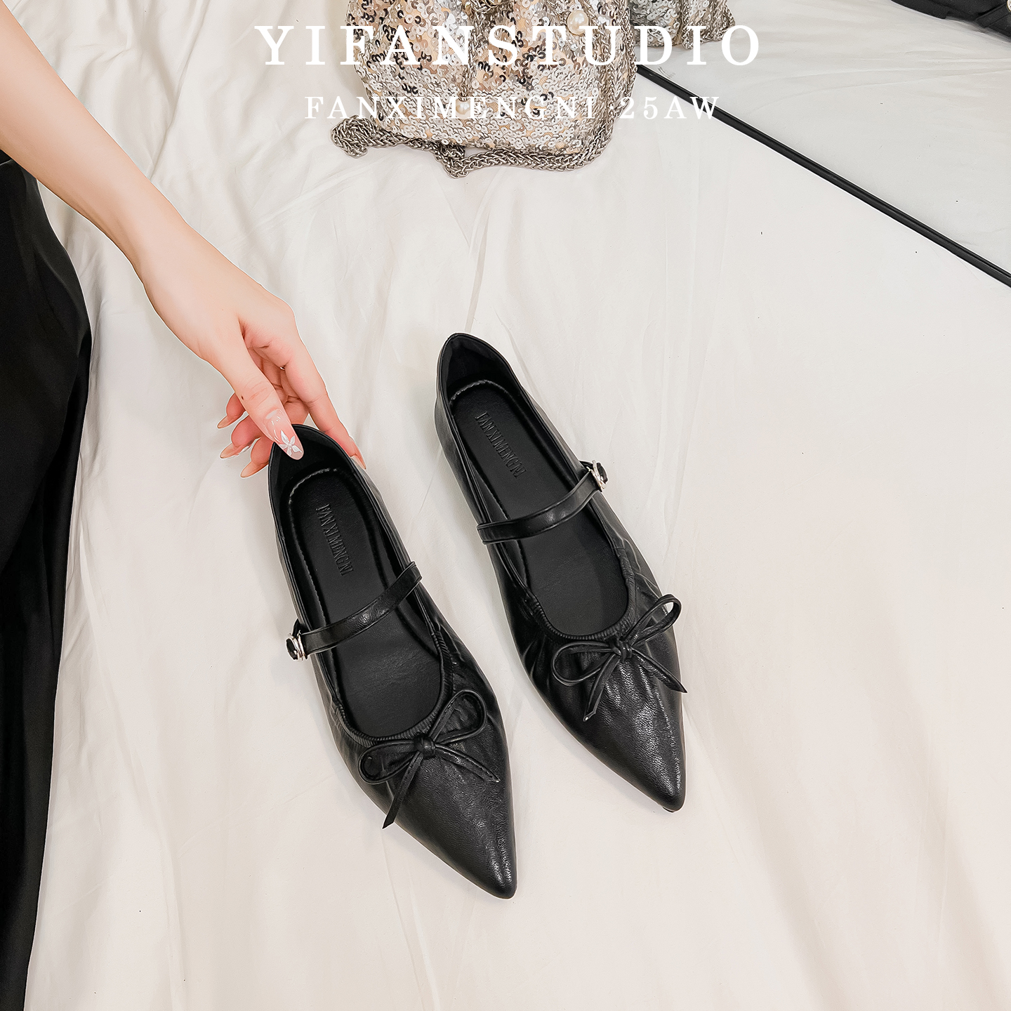 羊皮版~黑色浅口尖头单鞋女2025年新款蝴蝶结一字带法式玛丽珍鞋