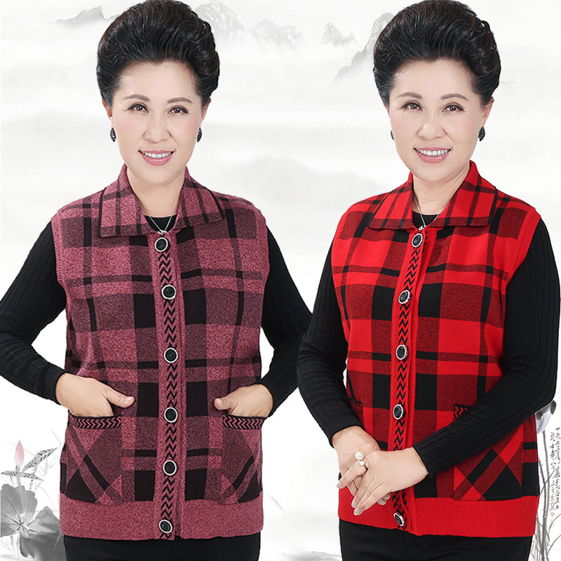 中老年女格子背心毛衣坎肩马甲