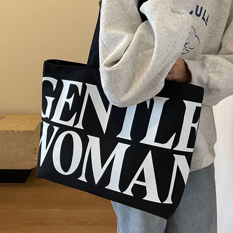 大容量字母帆布单肩包包女秋冬新款学生通勤托特包外出手提购物袋
