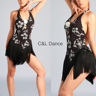 C&L 挂脖连衣裙女领口漏空设计 加密流苏拉丁舞练功服表演服
