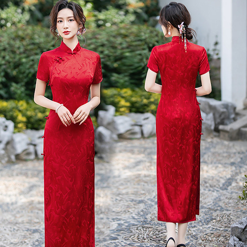 高端真丝桑蚕丝红色旗袍2026新款夏季喜婆婆妈妈喜服婚宴礼服长款