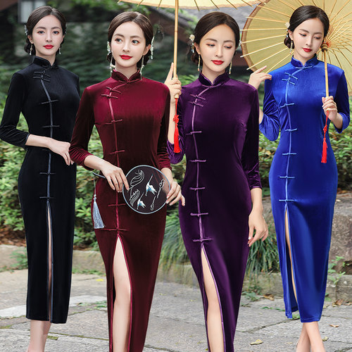 单开叉旗袍女春秋季改良走秀演出