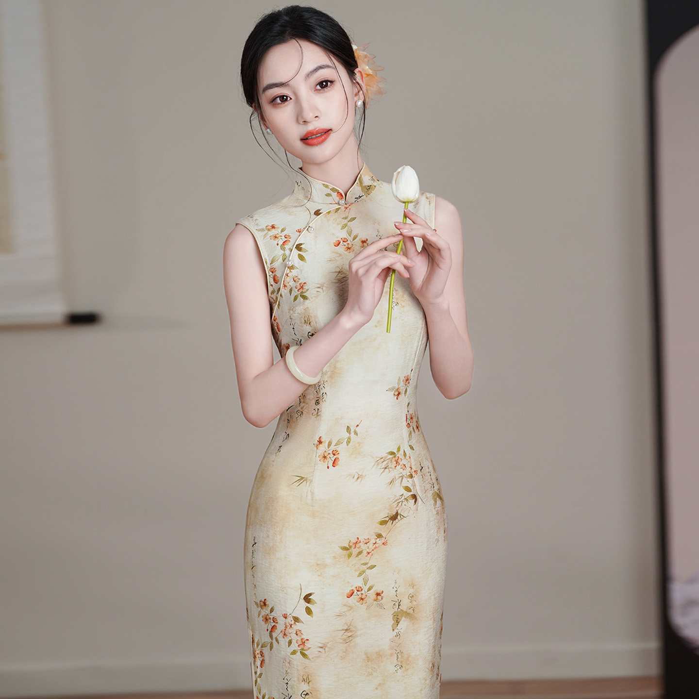 凉爽仿苎麻白玉瓷肌新中式旗袍夏