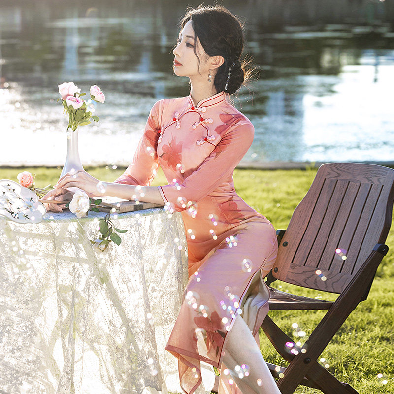 水晶纱新中式日常可穿高端绝美旗袍裙2026春季新款年轻款少女粉色