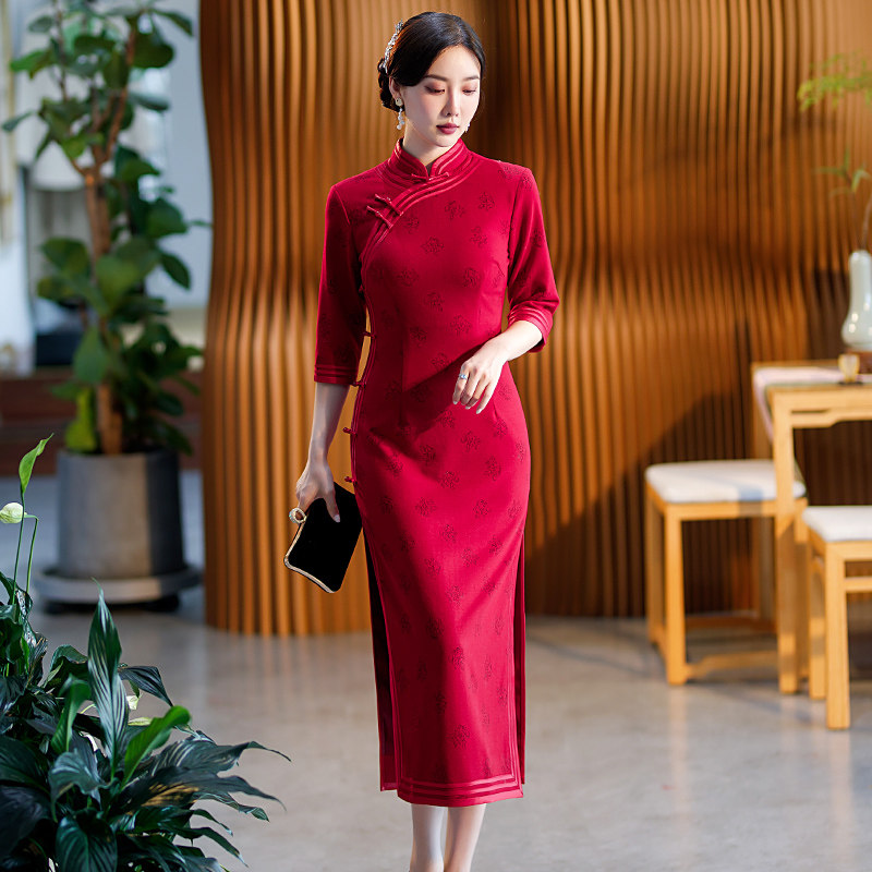 纯手工澳毛旗袍春秋长款红色礼服