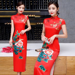 新式长款旗袍2025年夏季年轻款少女大码双层真丝走秀晚礼服中国风