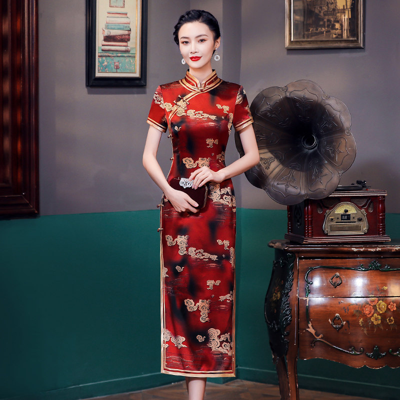红色真丝旗袍长款2026年春夏季新款年轻款女气质高端桑蚕丝晚礼服