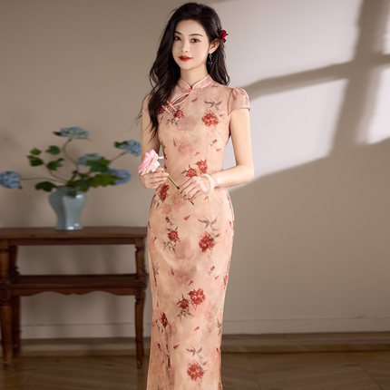 绝美粉色网纱新中式改良长款旗袍夏季2026新款年轻款少女日常可穿