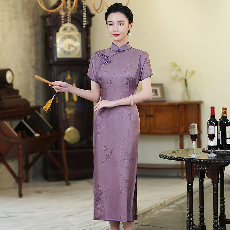 紫色提花旗袍重磅桑蚕丝妈妈旗袍