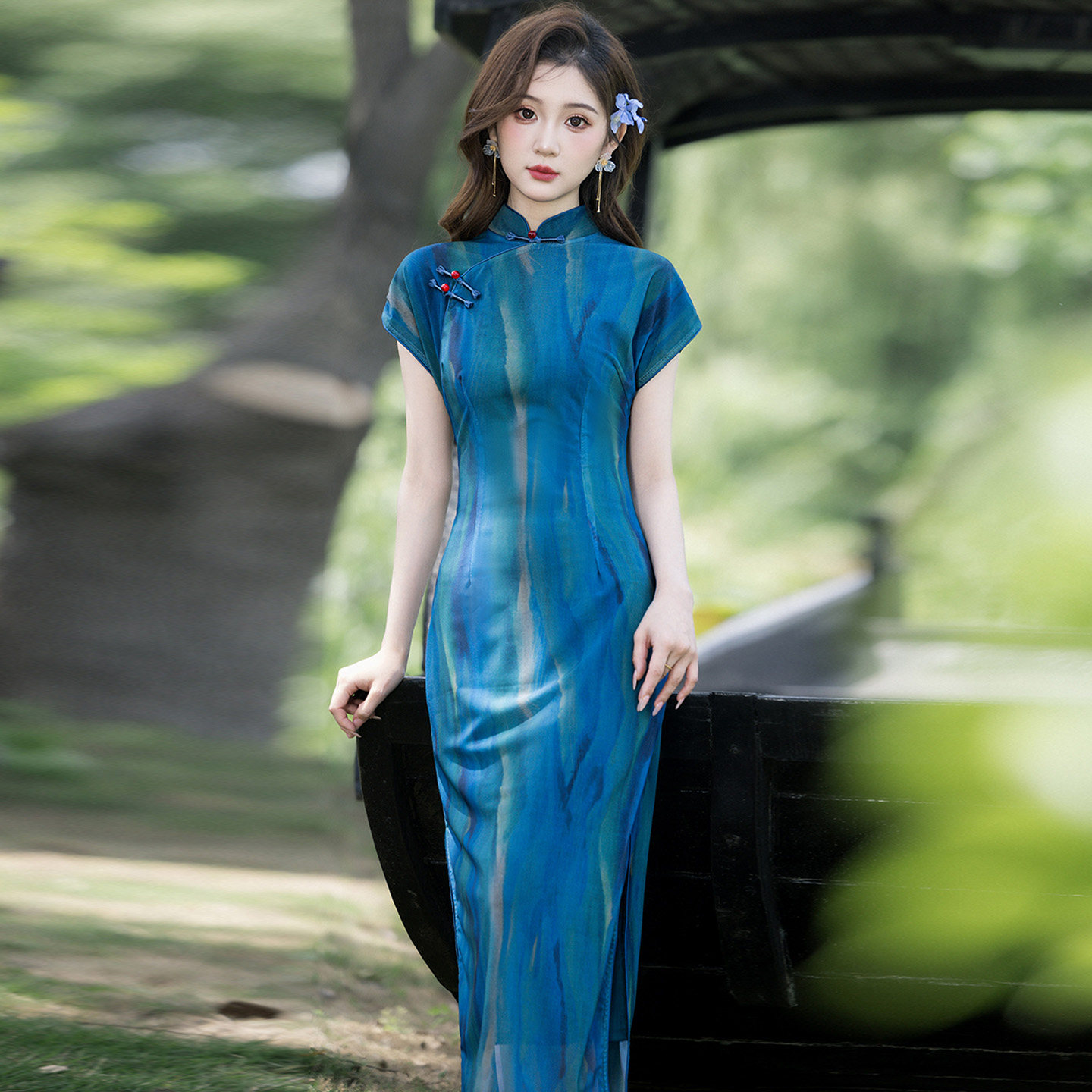 蓝色轻薄凉爽弹力网纱阔口袖长款旗袍女夏2026新款新中式改良年轻