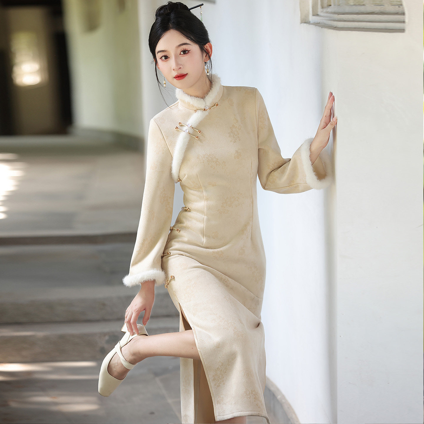新中式麂皮绒旗袍加绒加厚2025冬季新款中长款小个子日常可穿年轻