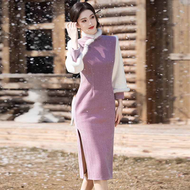 加绒加厚旗袍连衣裙秋冬季年轻款