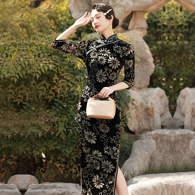 阿勇旗袍高端气质真丝烂花绡双层长款旗袍改良版连衣裙2026年新款