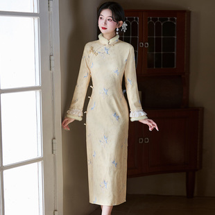 新中式改良刺绣锦棉加绒加毛旗袍长袖2025新款冬季年轻款日常可穿