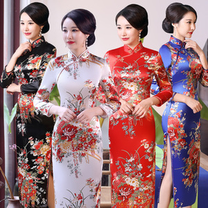 重磅真丝旗袍少女秋季2023新款长款优雅改良旗袍连衣裙长袖大码