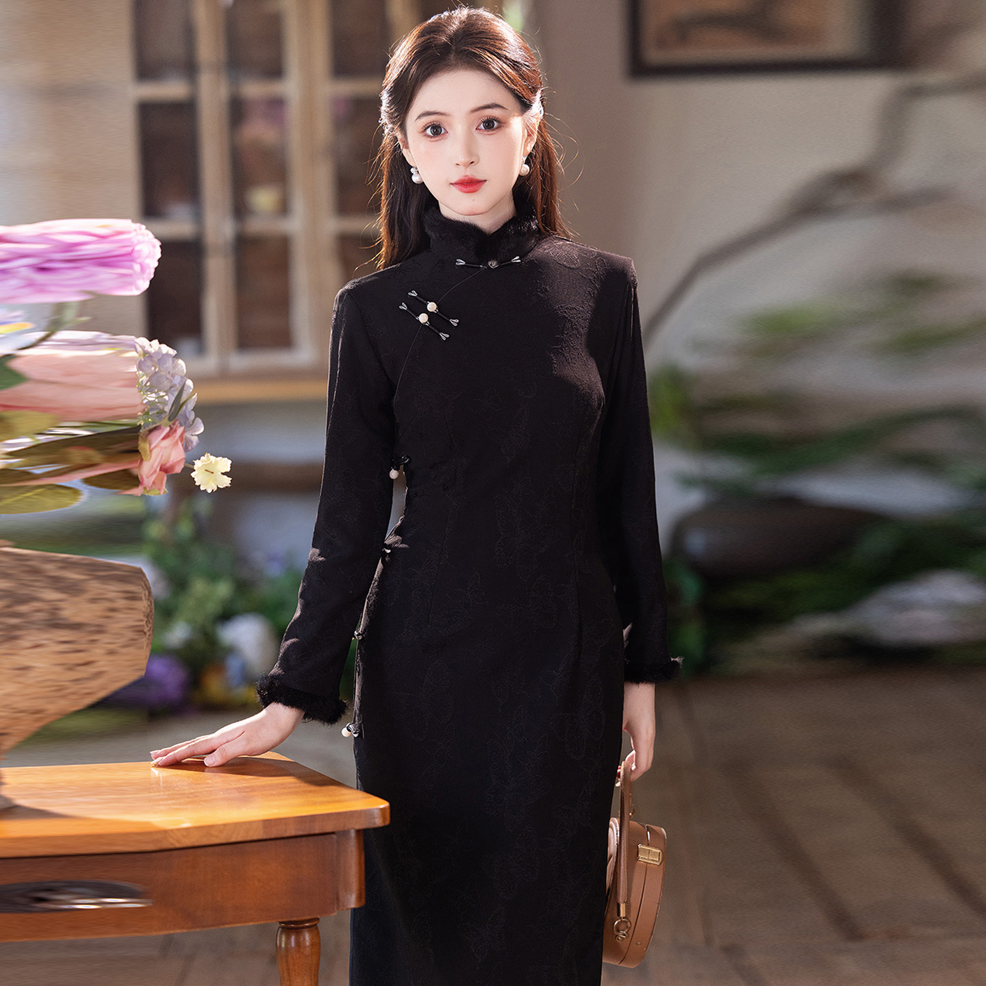 新中式国风黑色加厚加绒旗袍冬装