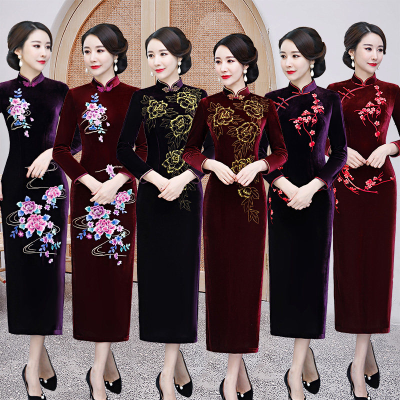 加厚丝绒长袖喜婆婆婚宴妈妈装