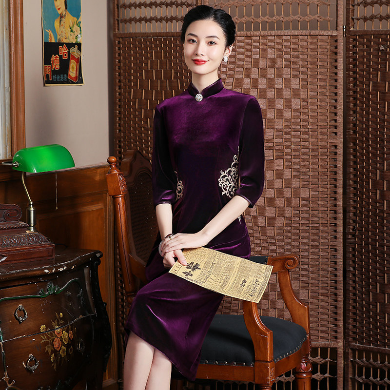 高端韩国金丝绒旗袍春季妈妈装